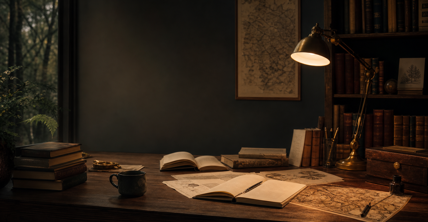 A warm lamplit study desk with books, maps, notebooks, and archival materials.
